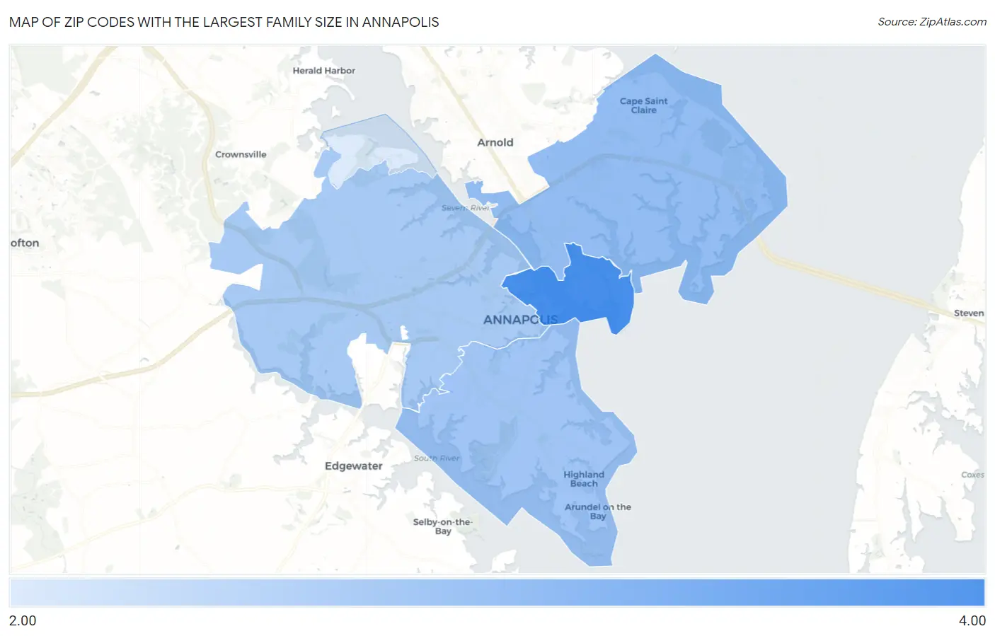 Zip Codes with the Largest Family Size in Annapolis Map