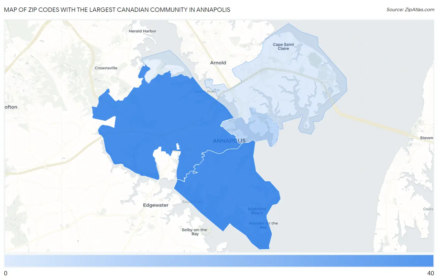 Zip Codes with the Largest Canadian Community in Annapolis Map