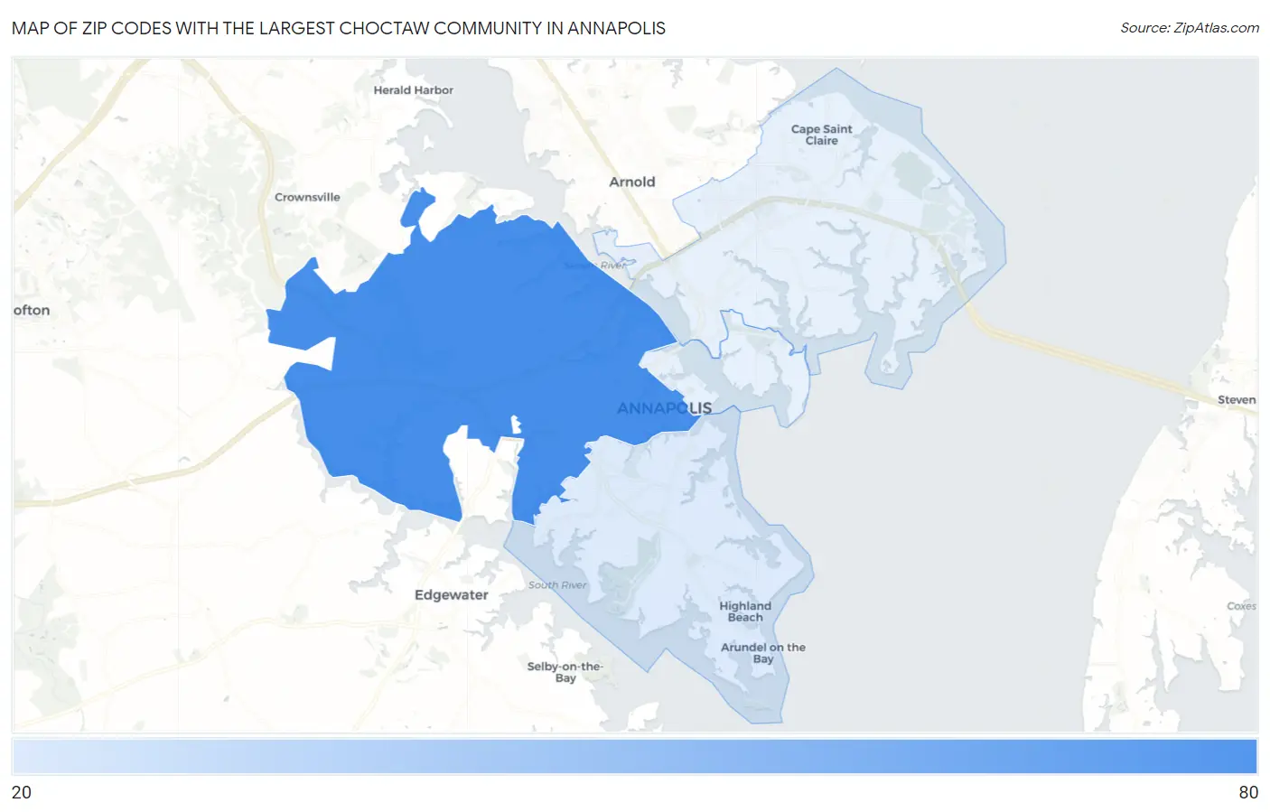 Zip Codes with the Largest Choctaw Community in Annapolis Map