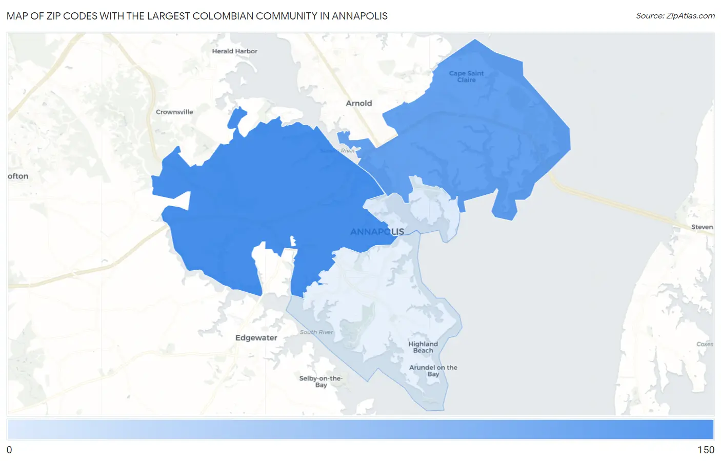 Zip Codes with the Largest Colombian Community in Annapolis Map