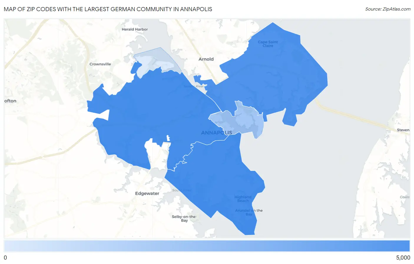Zip Codes with the Largest German Community in Annapolis Map