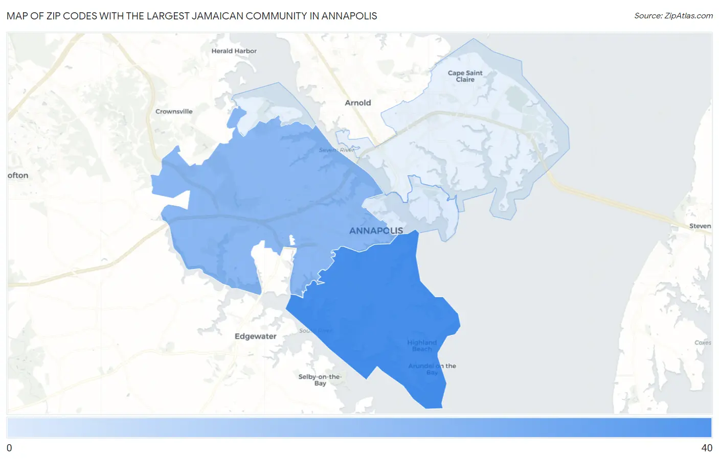 Zip Codes with the Largest Jamaican Community in Annapolis Map