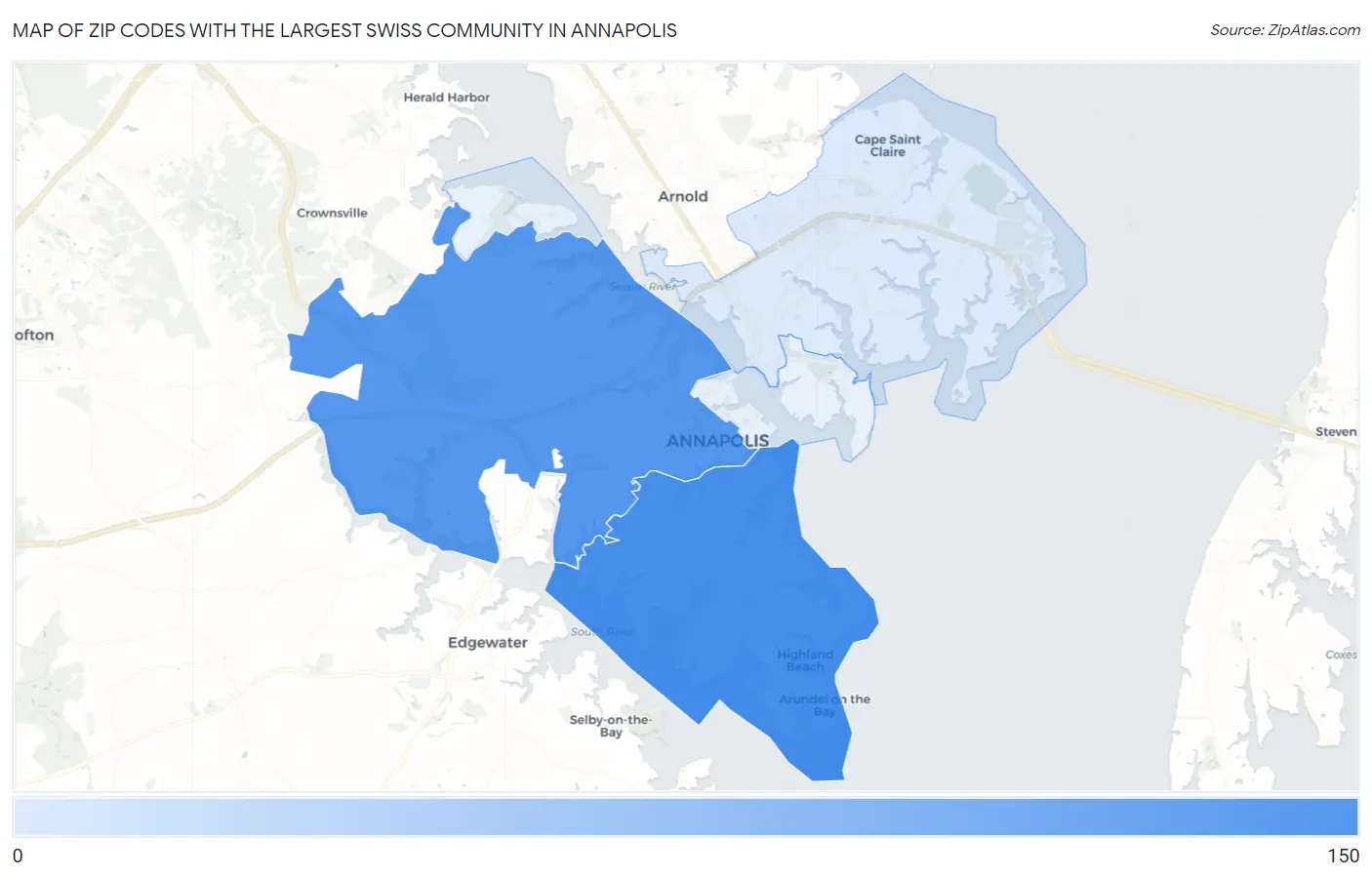 Zip Codes with the Largest Swiss Community in Annapolis Map
