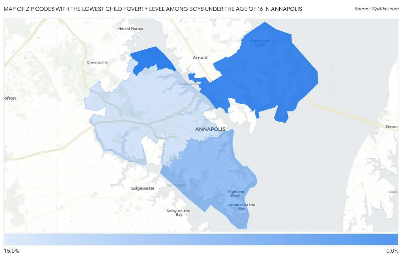 Zip Codes with the Lowest Child Poverty Level Among Boys Under the Age of 16 in Annapolis Map