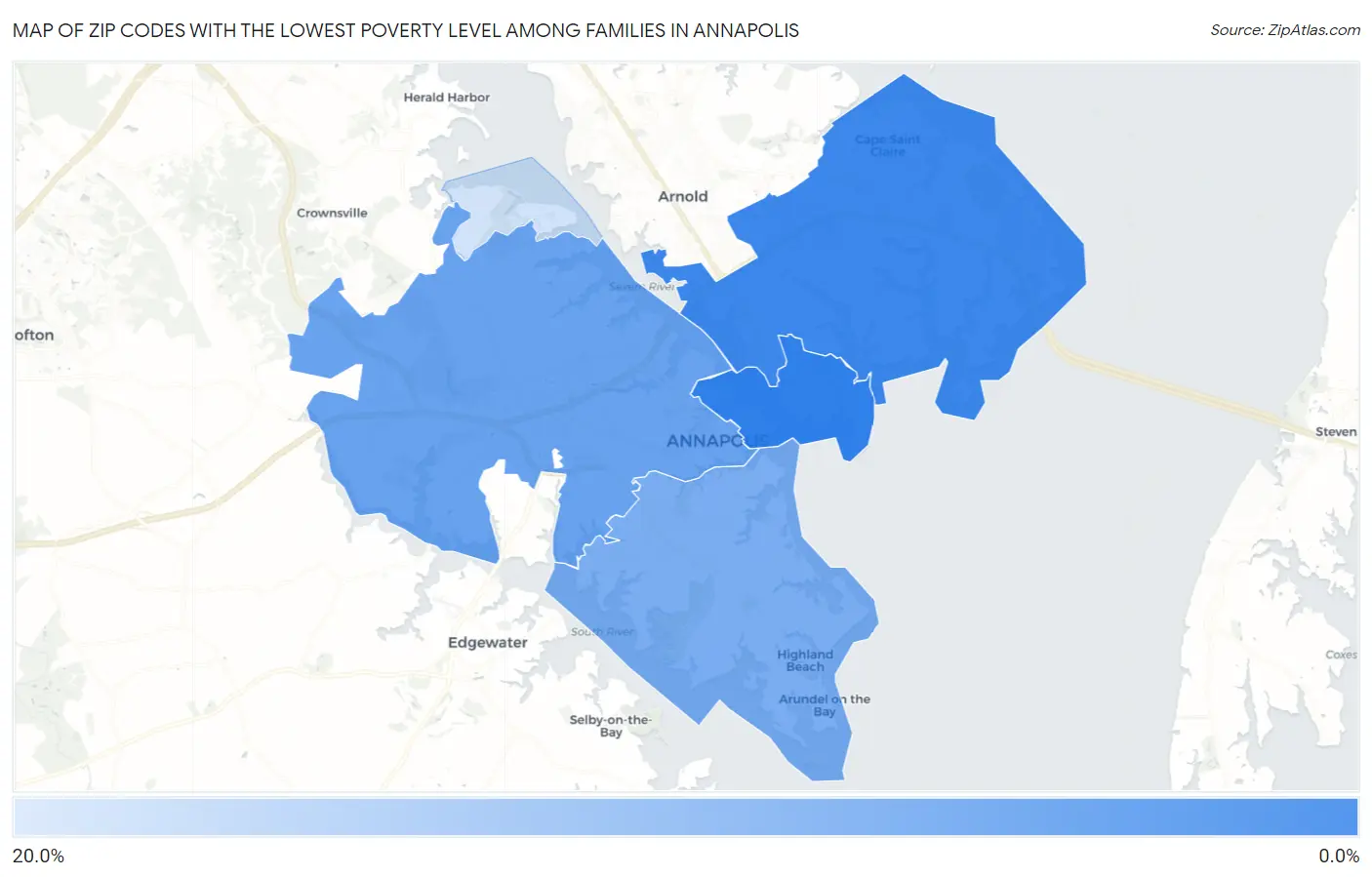 Zip Codes with the Lowest Poverty Level Among Families in Annapolis Map