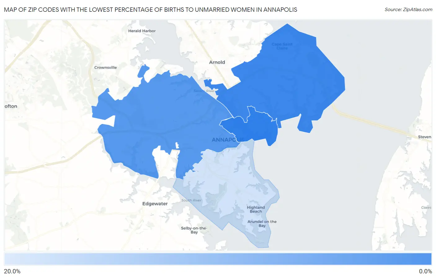 Zip Codes with the Lowest Percentage of Births to Unmarried Women in Annapolis Map