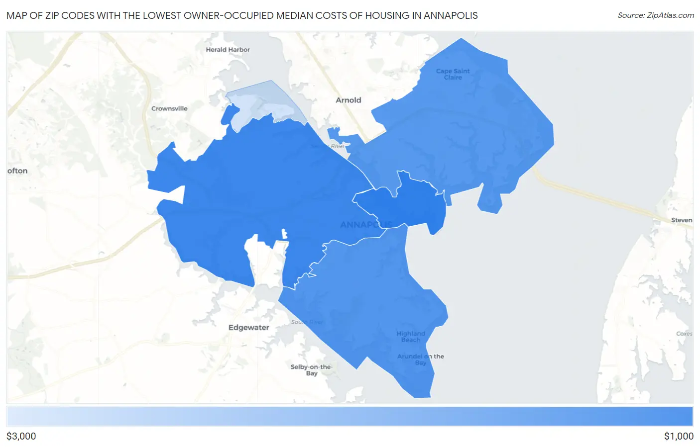 Zip Codes with the Lowest Owner-Occupied Median Costs of Housing in Annapolis Map