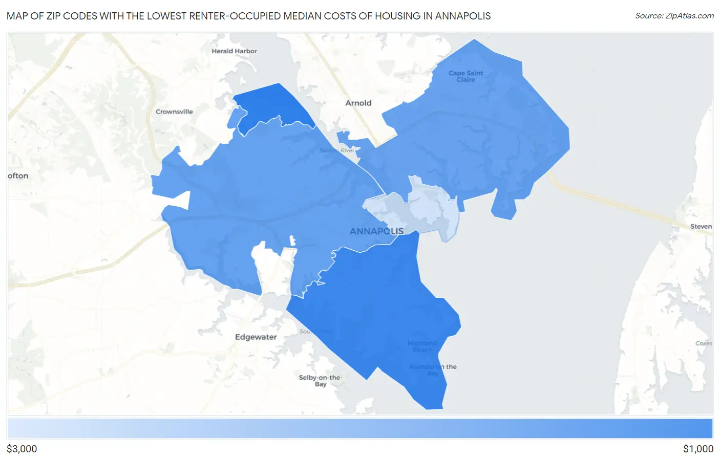 Zip Codes with the Lowest Renter-Occupied Median Costs of Housing in Annapolis Map