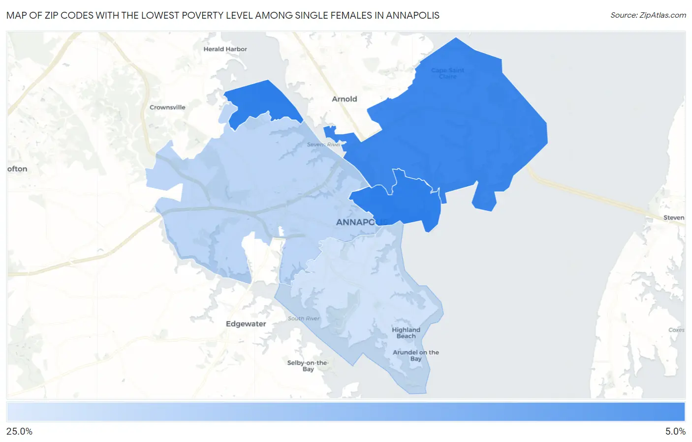 Zip Codes with the Lowest Poverty Level Among Single Females in Annapolis Map