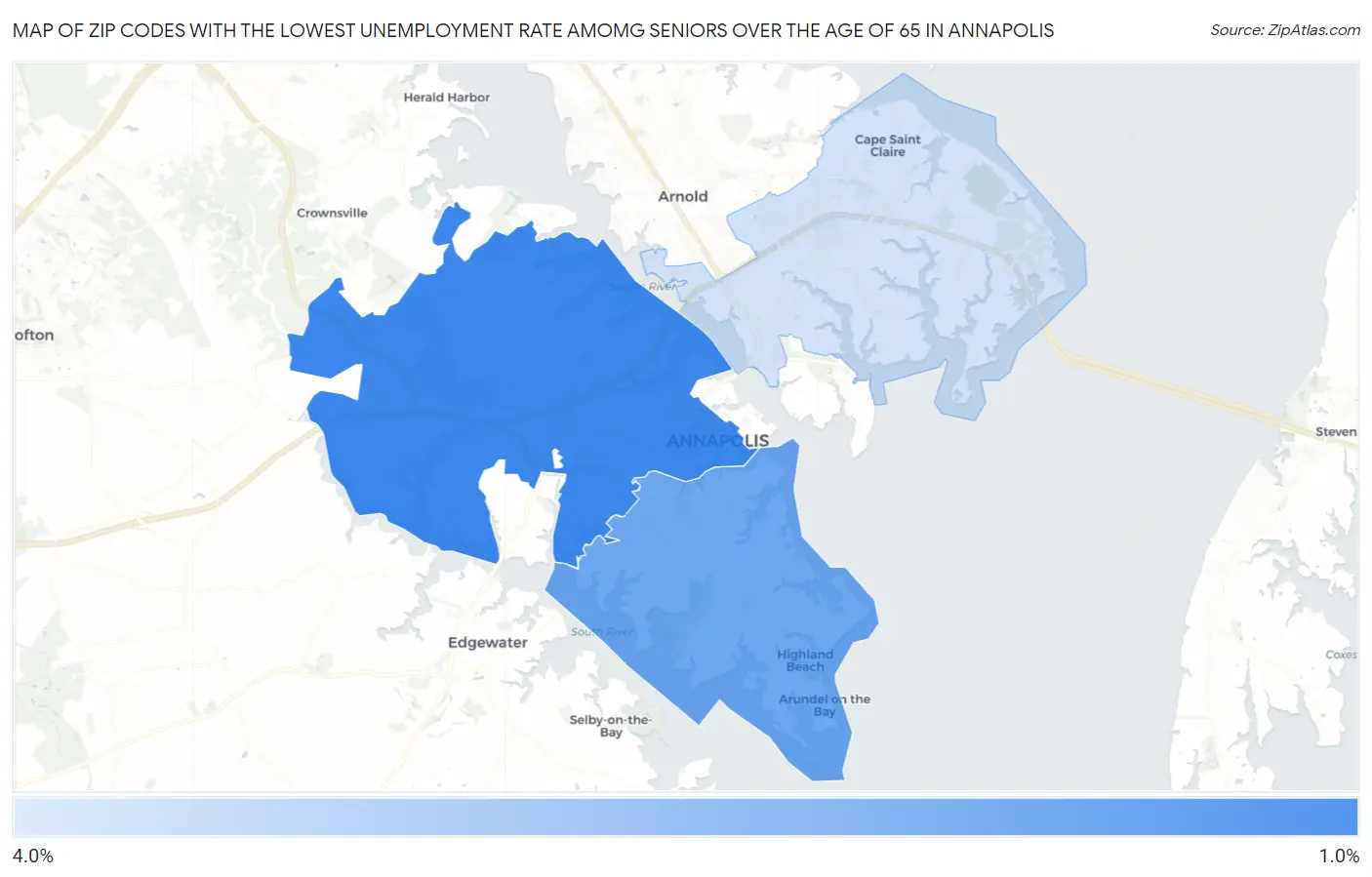 Zip Codes with the Lowest Unemployment Rate Amomg Seniors Over the Age of 65 in Annapolis Map