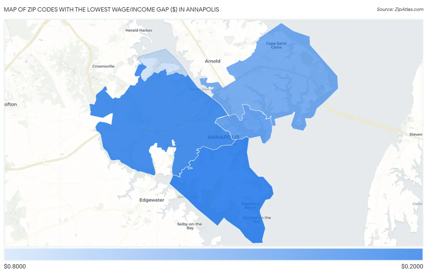 Zip Codes with the Lowest Wage/Income Gap ($) in Annapolis Map