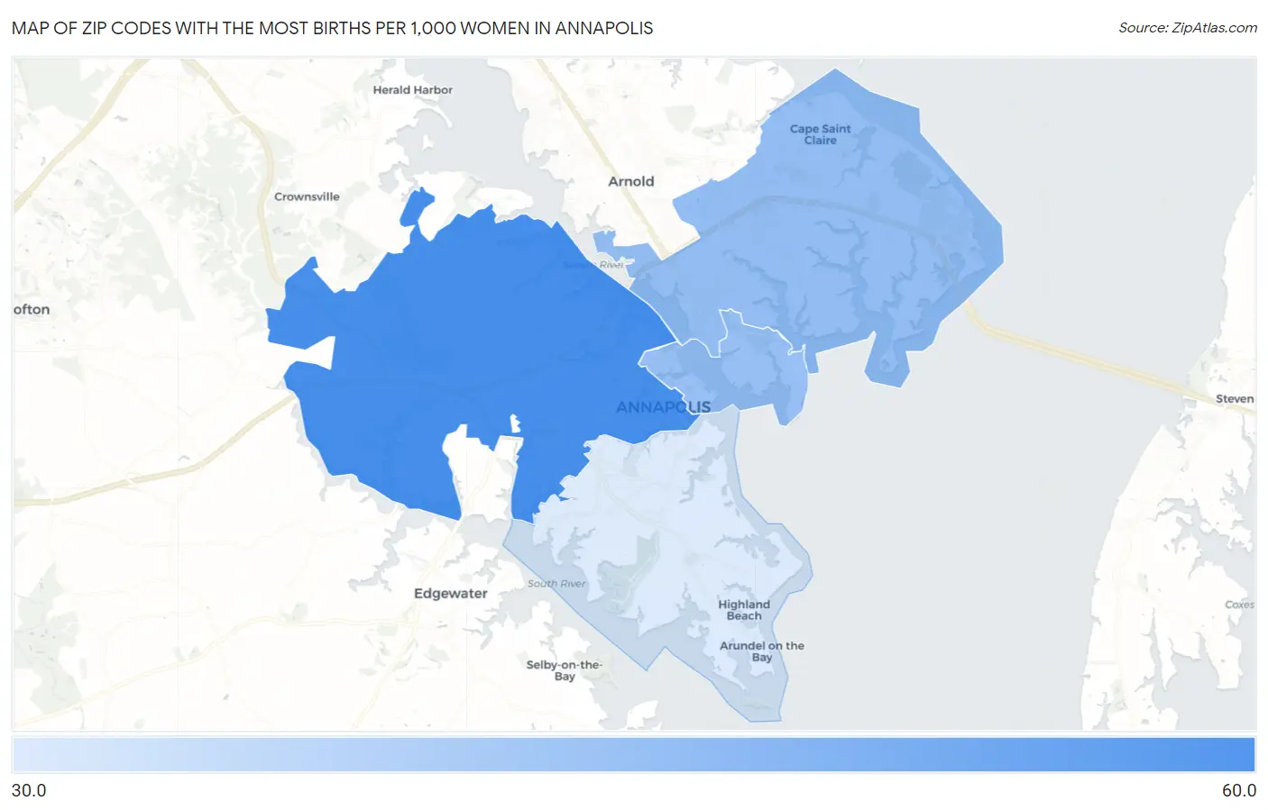 Zip Codes with the Most Births per 1,000 Women in Annapolis Map