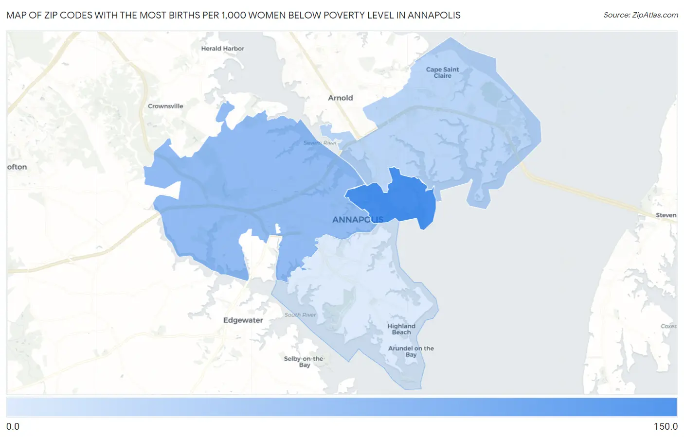 Zip Codes with the Most Births per 1,000 Women Below Poverty Level in Annapolis Map