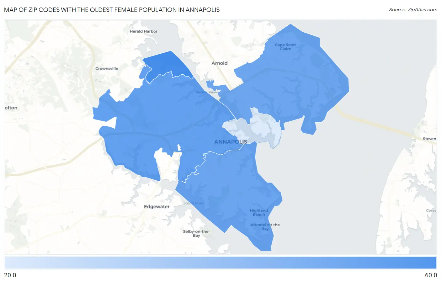 Zip Codes with the Oldest Female Population in Annapolis Map