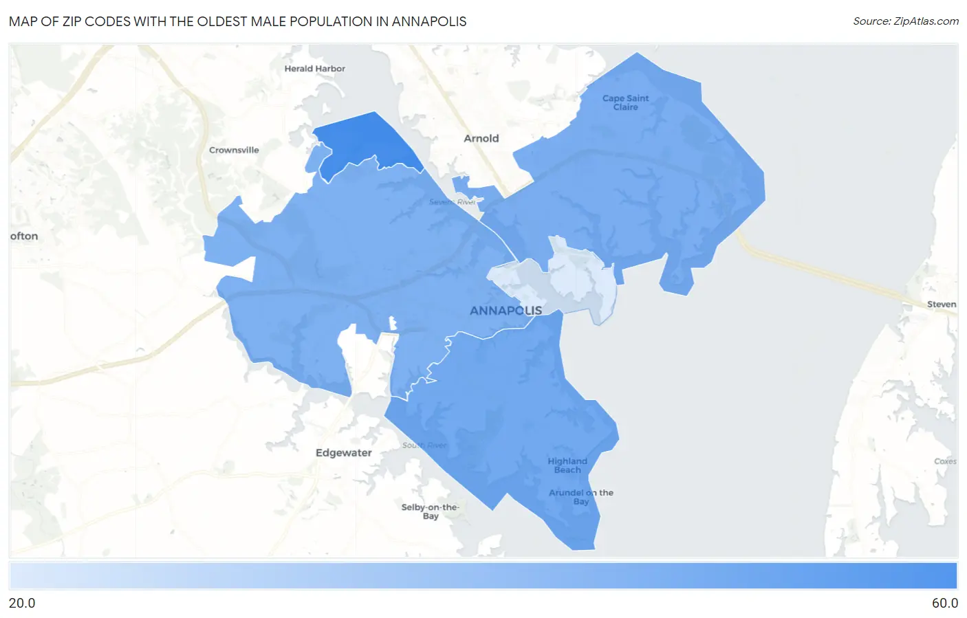 Zip Codes with the Oldest Male Population in Annapolis Map