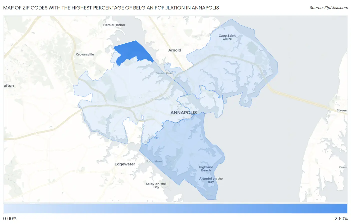 Zip Codes with the Highest Percentage of Belgian Population in Annapolis Map