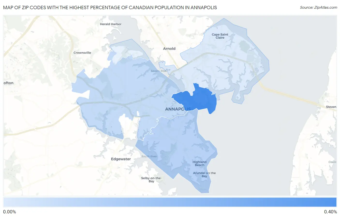 Zip Codes with the Highest Percentage of Canadian Population in Annapolis Map