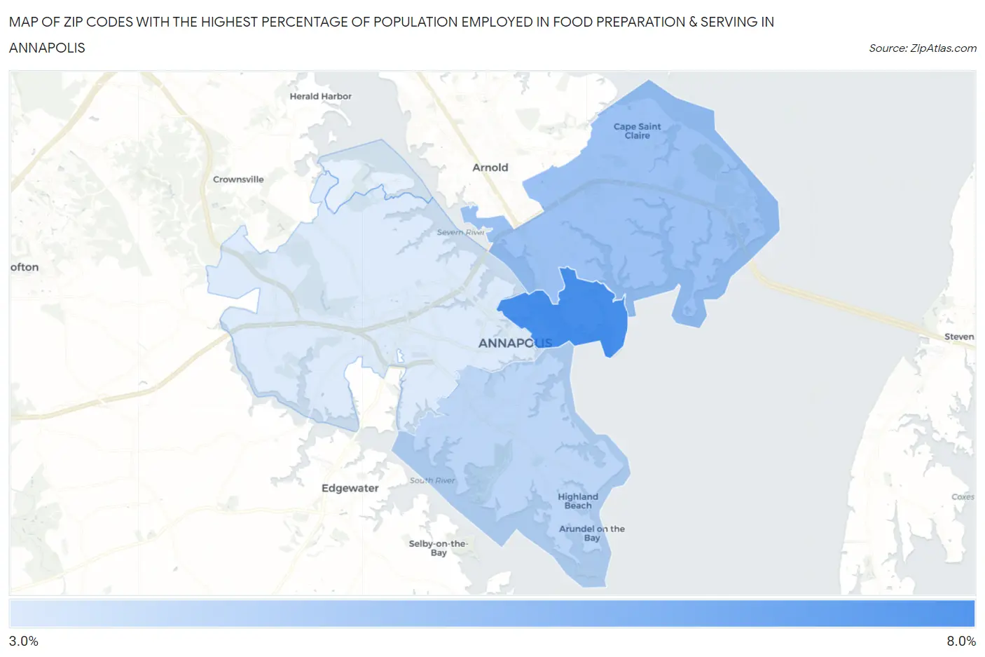 Zip Codes with the Highest Percentage of Population Employed in Food Preparation & Serving in Annapolis Map