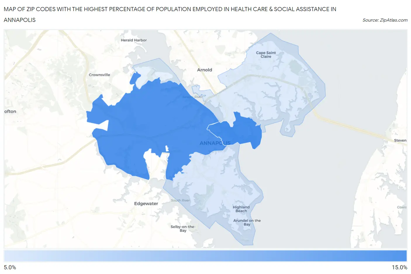 Zip Codes with the Highest Percentage of Population Employed in Health Care & Social Assistance in Annapolis Map