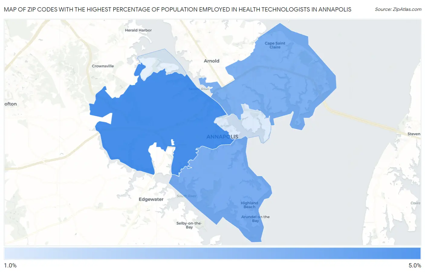 Zip Codes with the Highest Percentage of Population Employed in Health Technologists in Annapolis Map