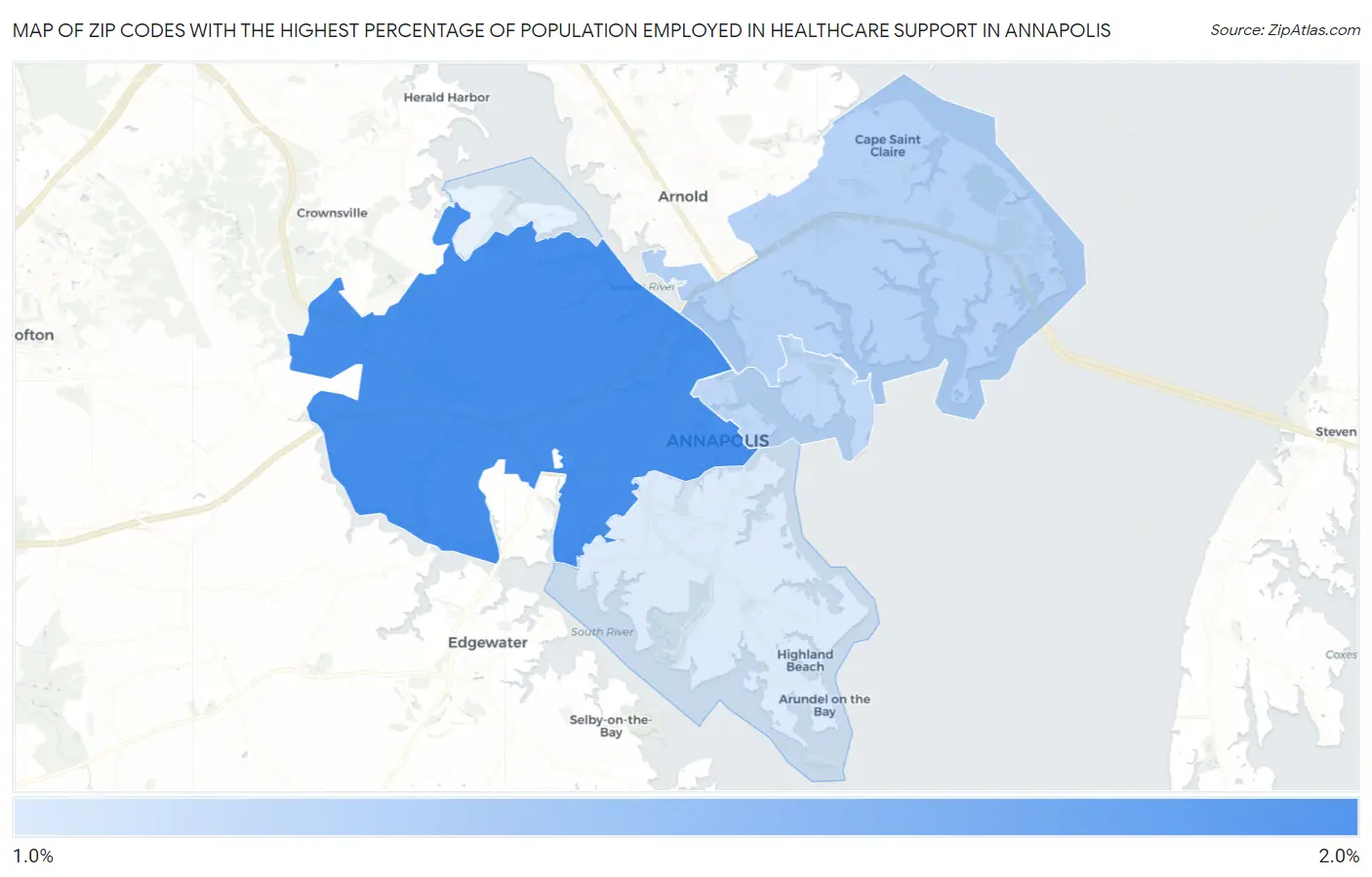 Zip Codes with the Highest Percentage of Population Employed in Healthcare Support in Annapolis Map