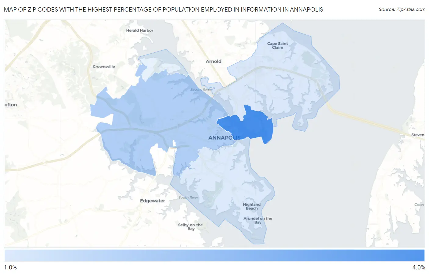Zip Codes with the Highest Percentage of Population Employed in Information in Annapolis Map