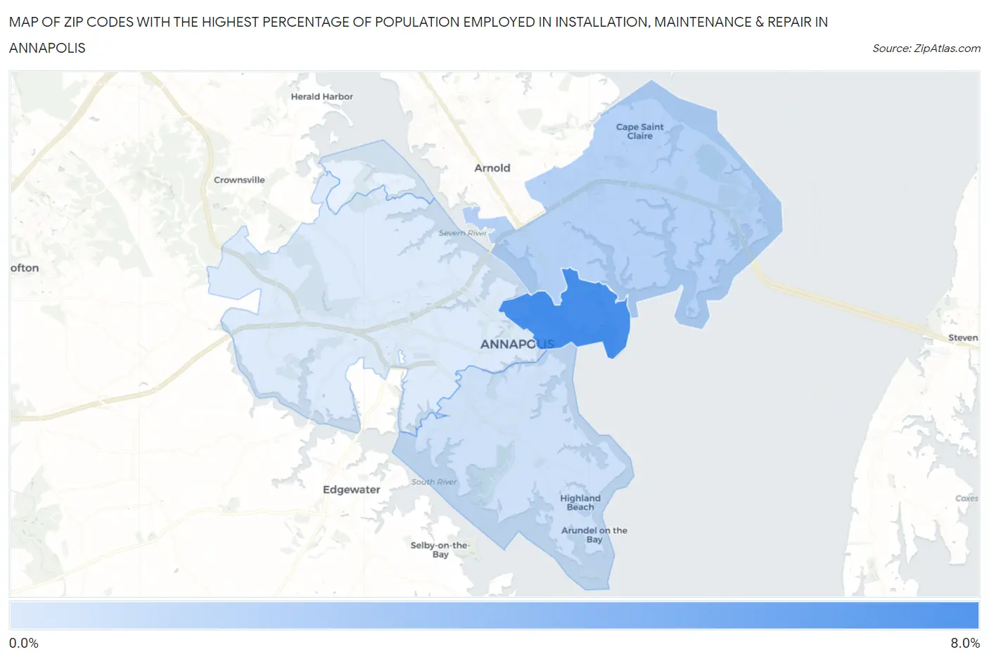 Zip Codes with the Highest Percentage of Population Employed in Installation, Maintenance & Repair in Annapolis Map
