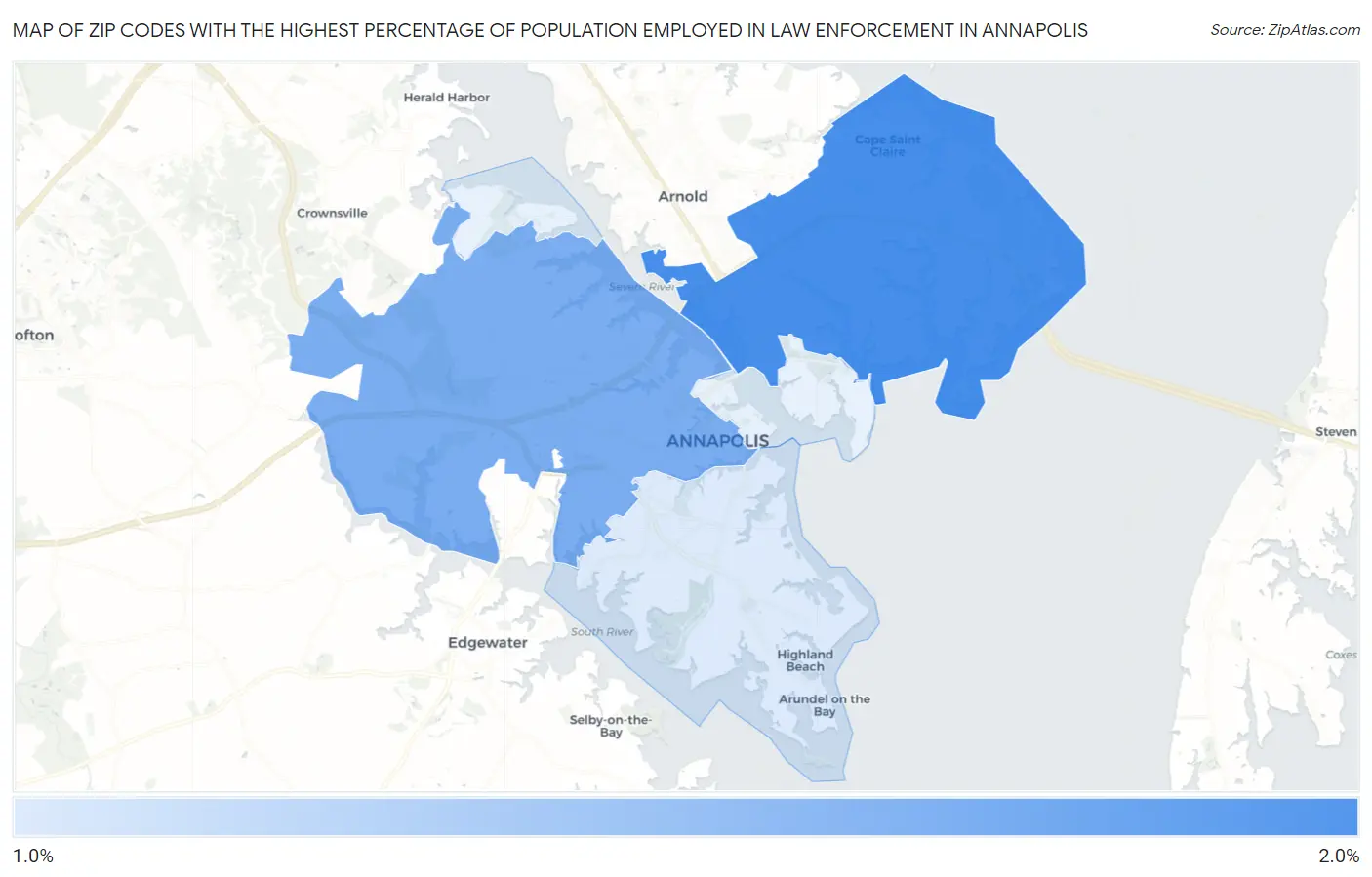 Zip Codes with the Highest Percentage of Population Employed in Law Enforcement in Annapolis Map