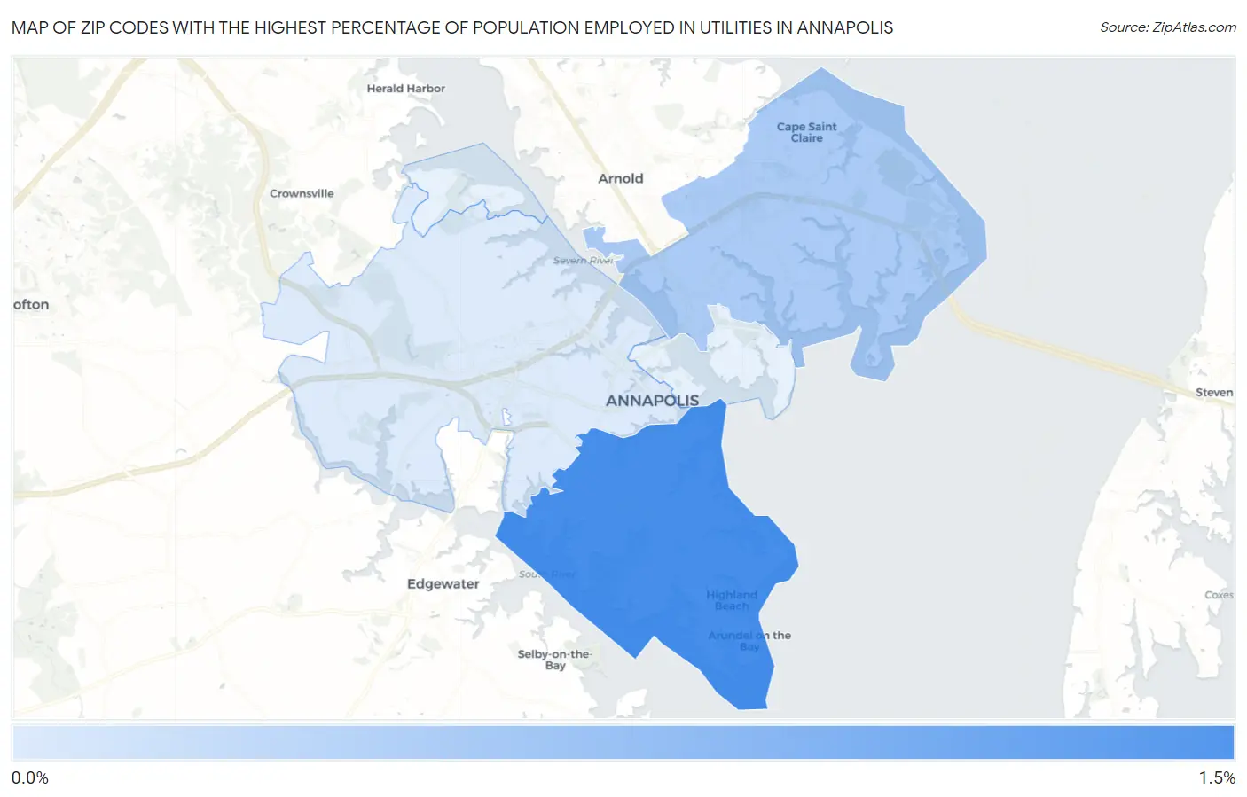 Zip Codes with the Highest Percentage of Population Employed in Utilities in Annapolis Map