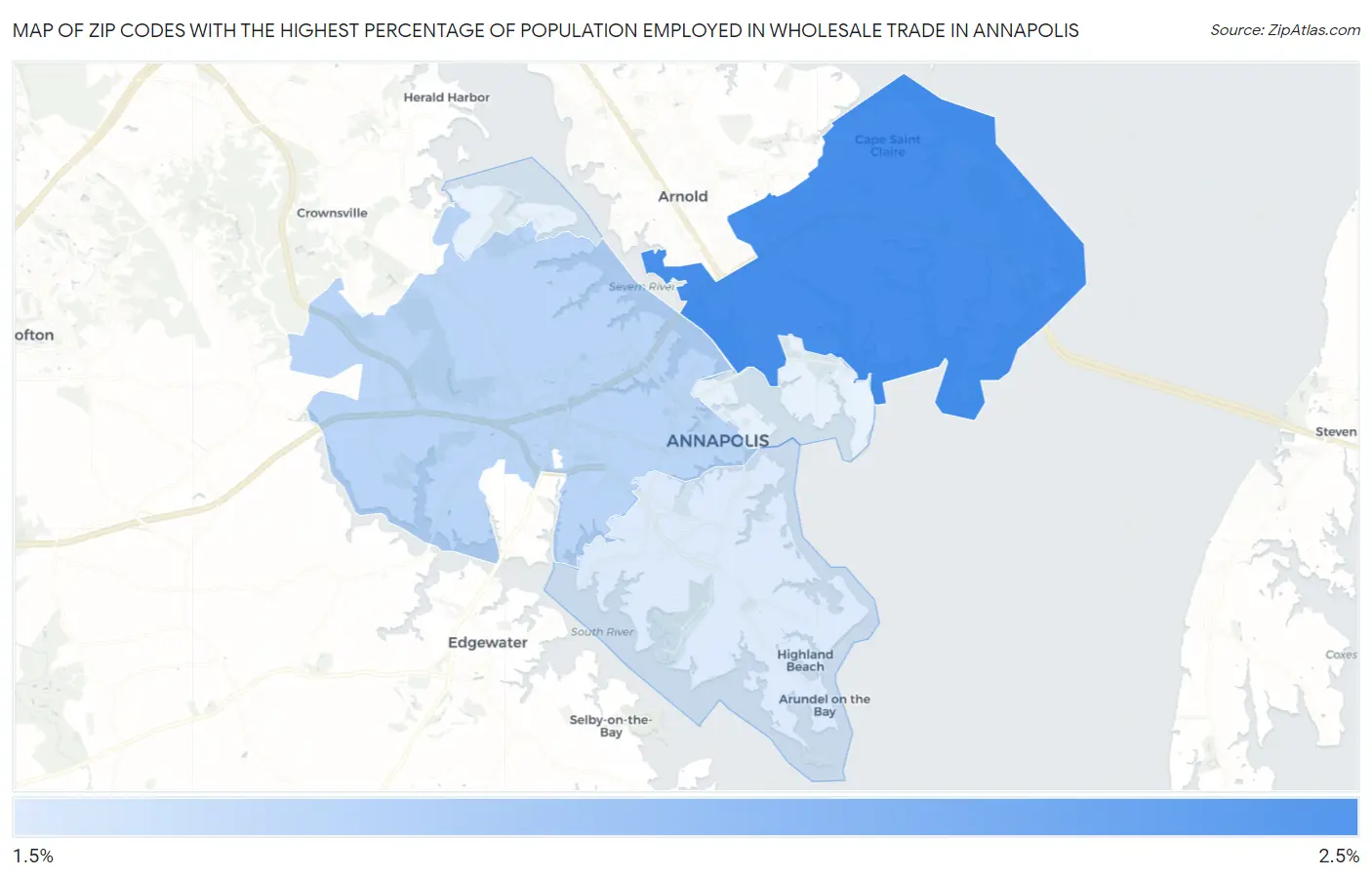Zip Codes with the Highest Percentage of Population Employed in Wholesale Trade in Annapolis Map
