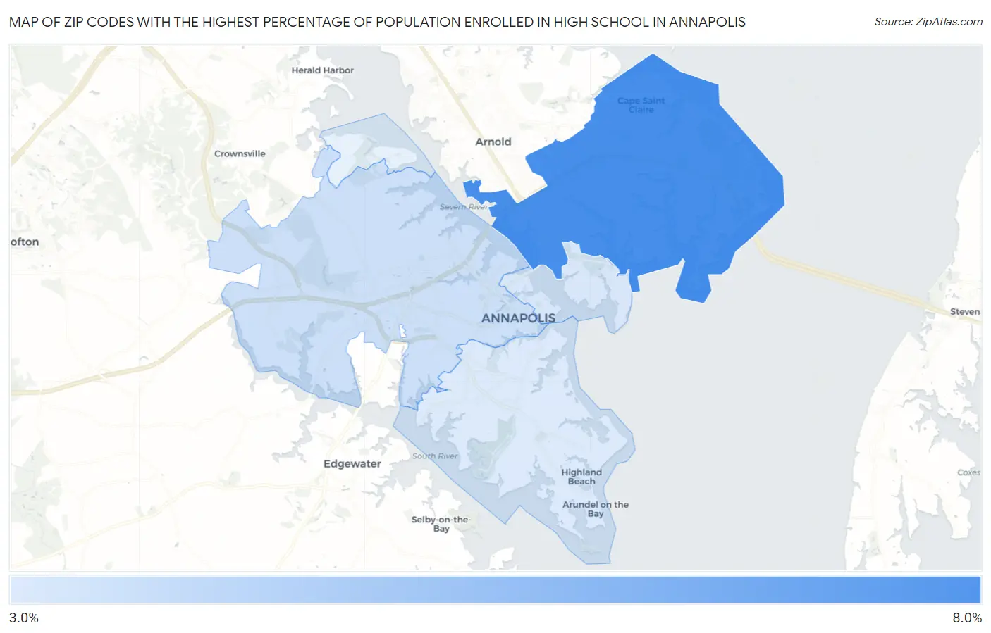 Zip Codes with the Highest Percentage of Population Enrolled in High School in Annapolis Map