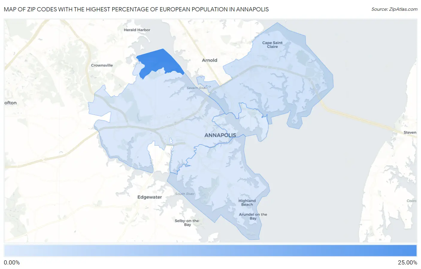 Zip Codes with the Highest Percentage of European Population in Annapolis Map