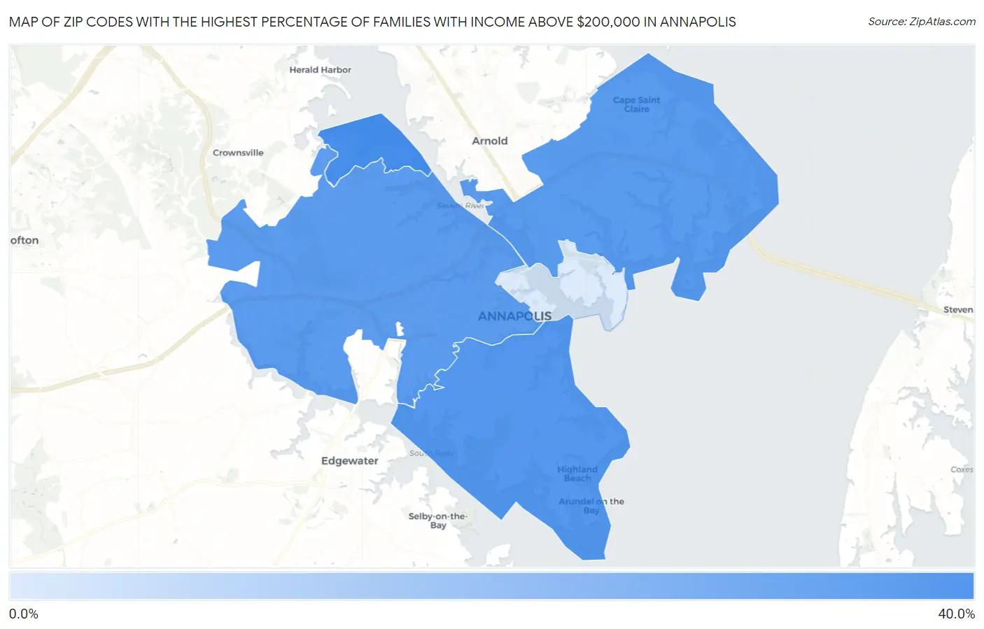 Zip Codes with the Highest Percentage of Families with Income Above $200,000 in Annapolis Map