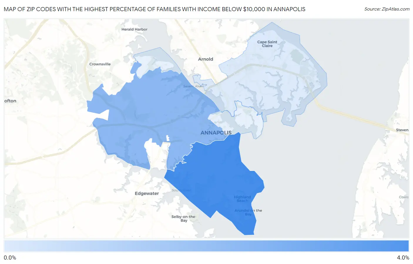 Zip Codes with the Highest Percentage of Families with Income Below $10,000 in Annapolis Map