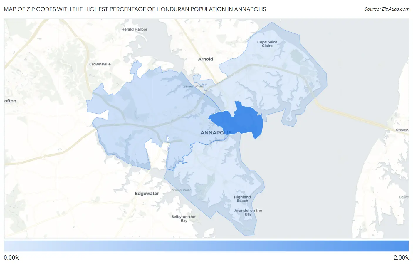 Zip Codes with the Highest Percentage of Honduran Population in Annapolis Map