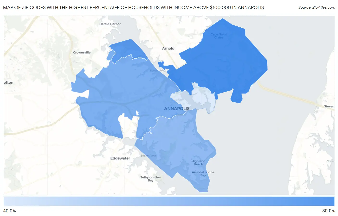 Zip Codes with the Highest Percentage of Households with Income Above $100,000 in Annapolis Map