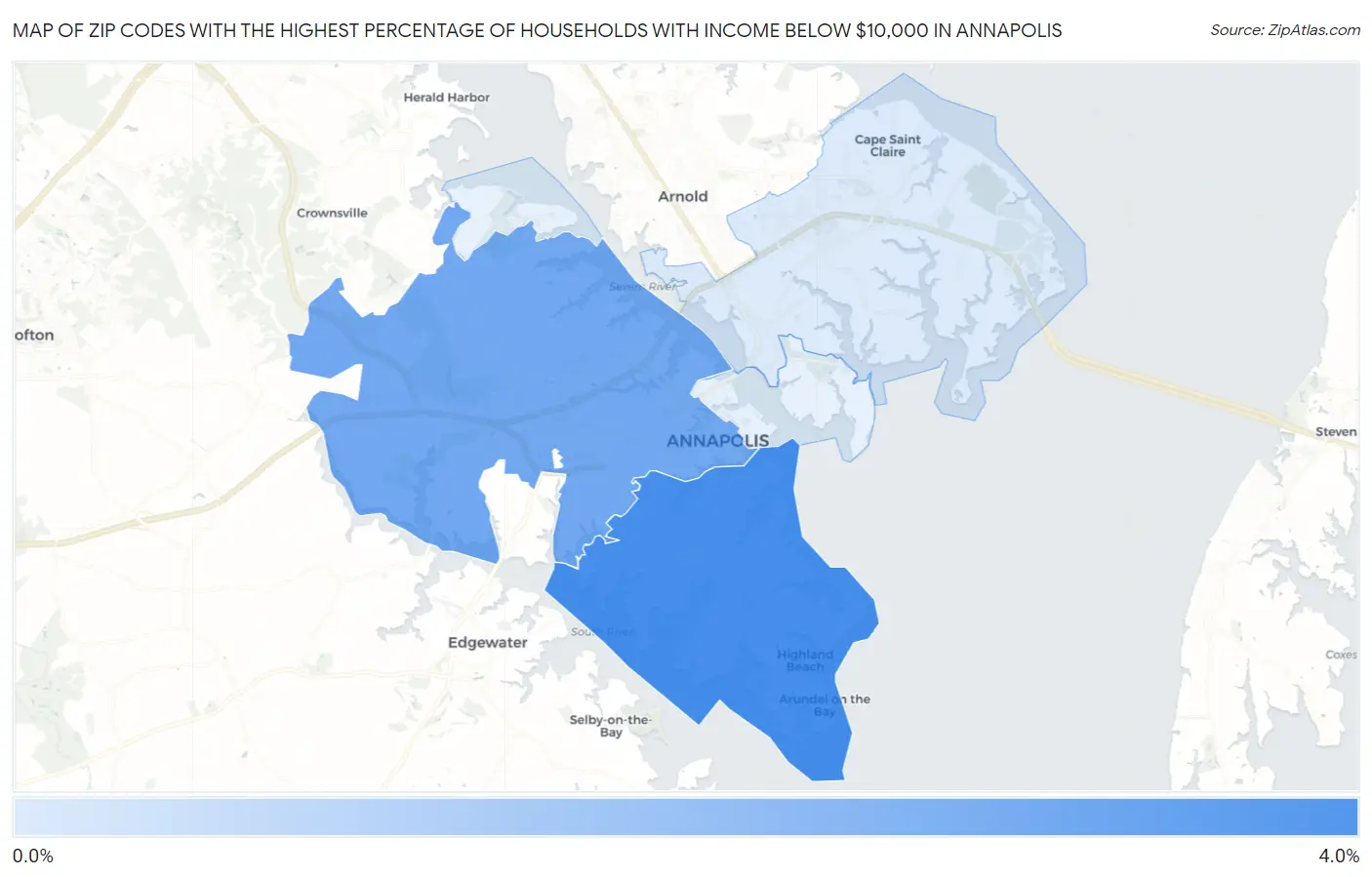 Zip Codes with the Highest Percentage of Households with Income Below $10,000 in Annapolis Map