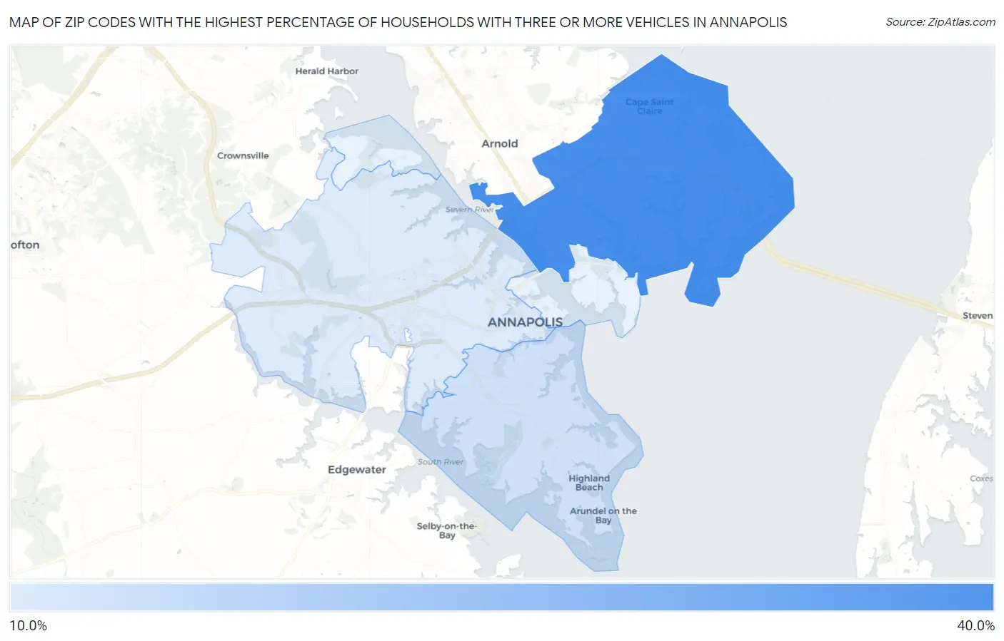 Zip Codes with the Highest Percentage of Households With Three or more Vehicles in Annapolis Map