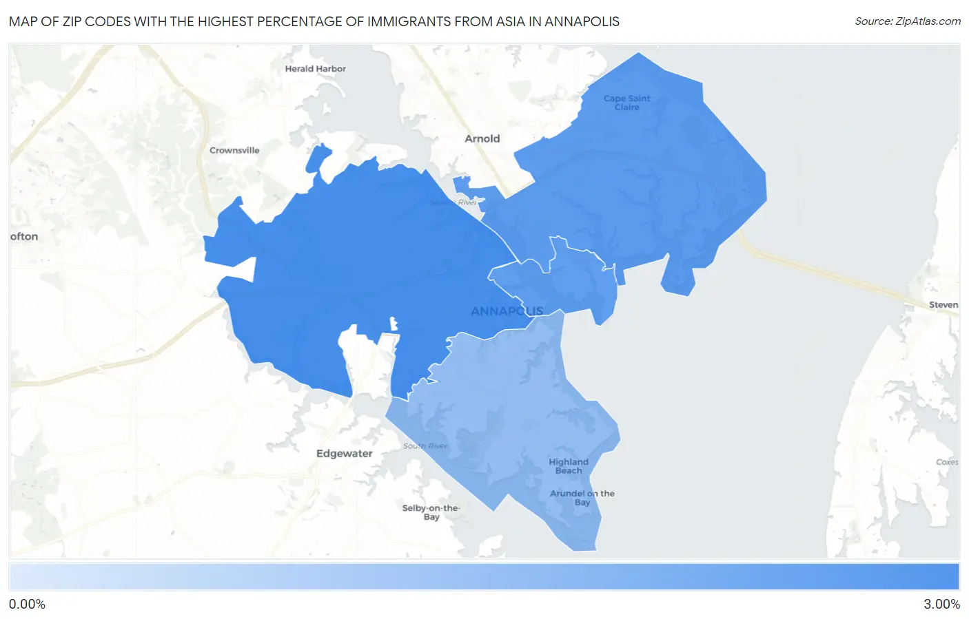Zip Codes with the Highest Percentage of Immigrants from Asia in Annapolis Map