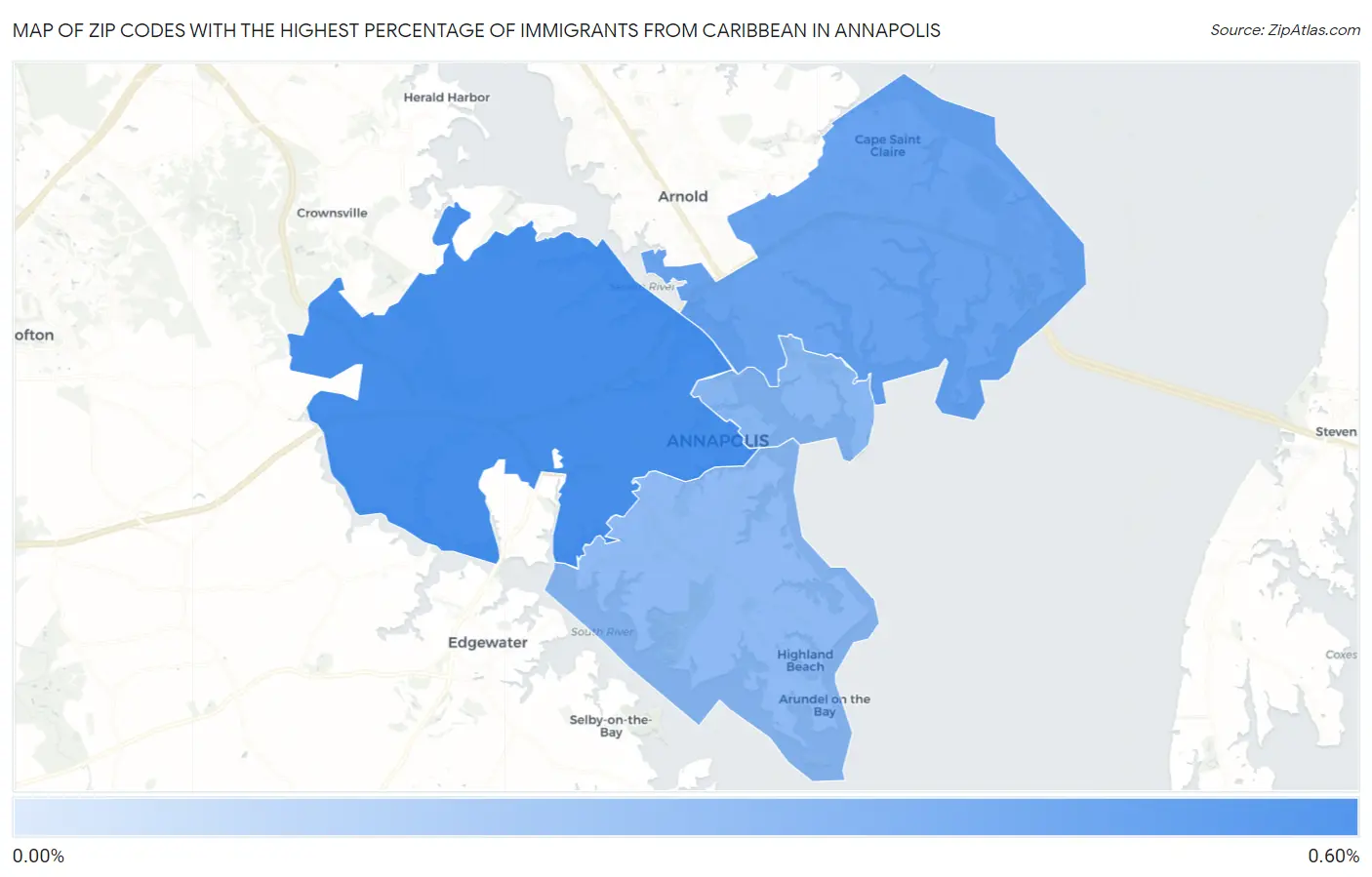 Zip Codes with the Highest Percentage of Immigrants from Caribbean in Annapolis Map