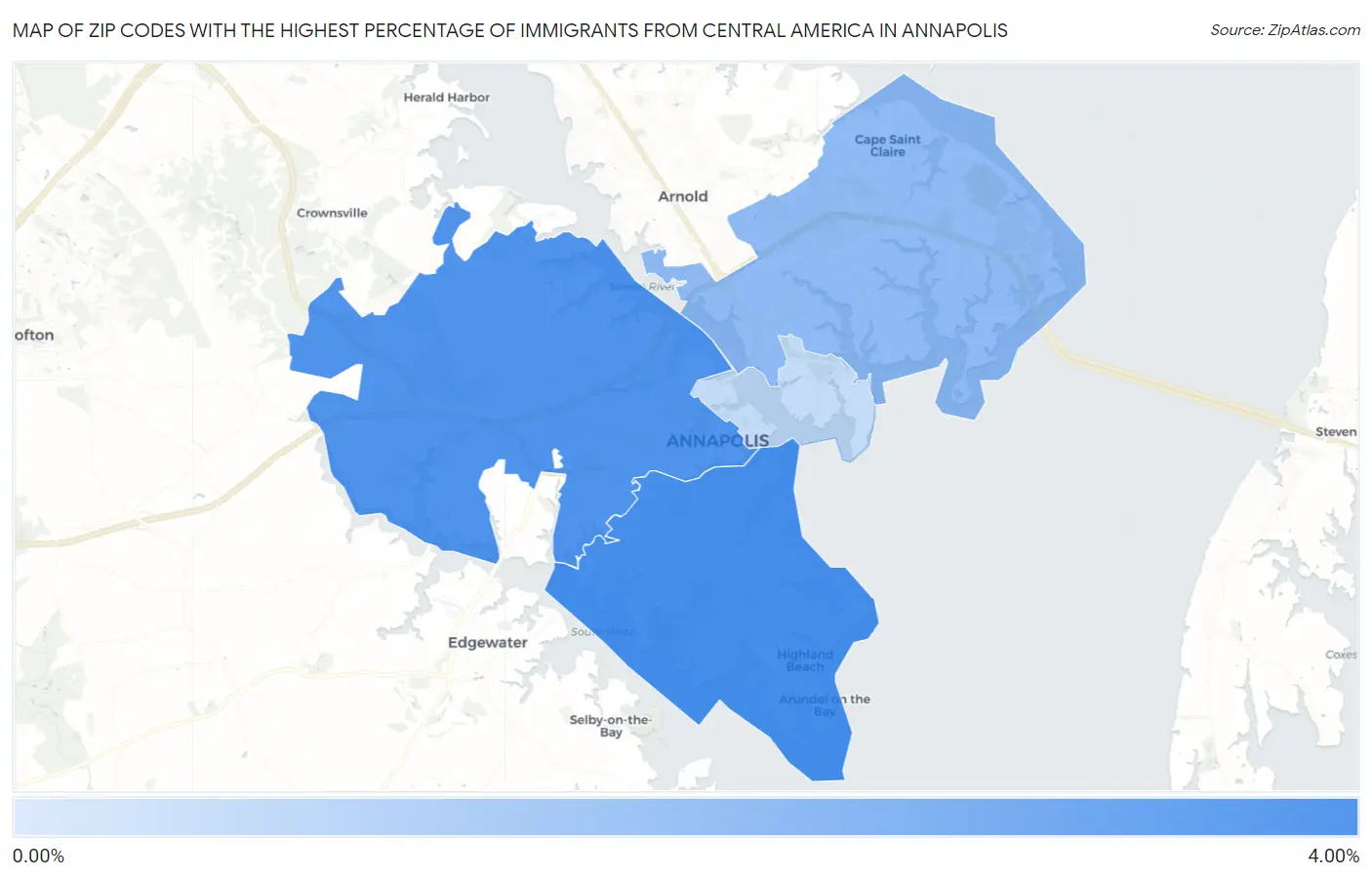 Zip Codes with the Highest Percentage of Immigrants from Central America in Annapolis Map