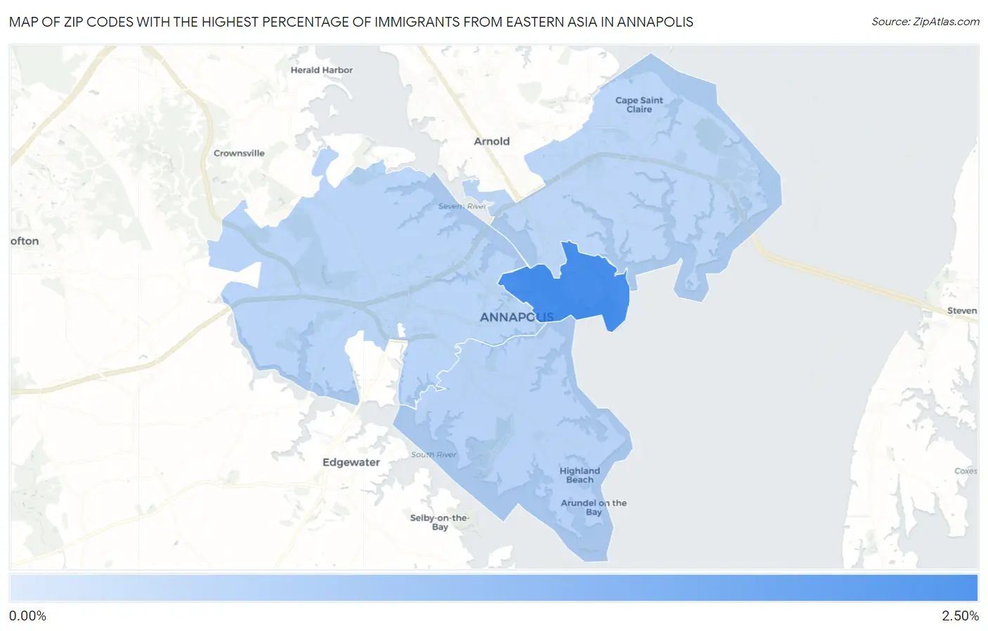 Zip Codes with the Highest Percentage of Immigrants from Eastern Asia in Annapolis Map