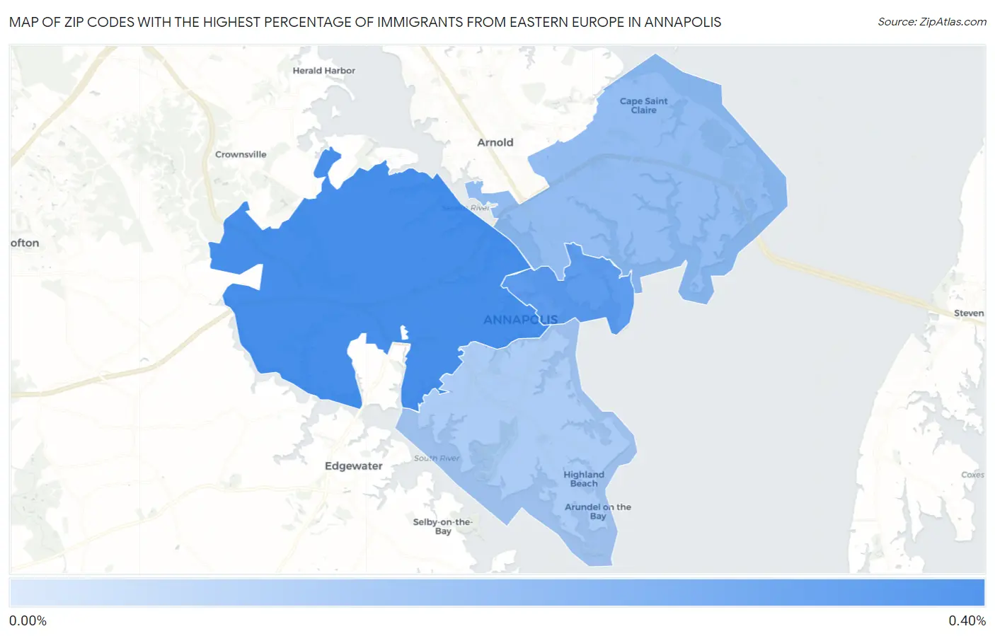 Zip Codes with the Highest Percentage of Immigrants from Eastern Europe in Annapolis Map