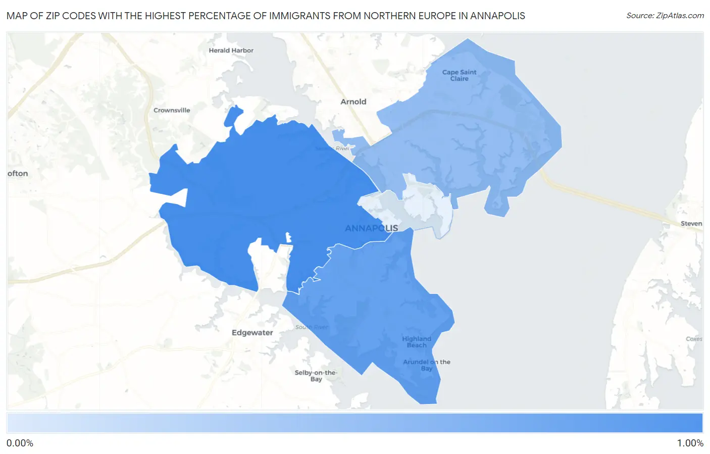 Zip Codes with the Highest Percentage of Immigrants from Northern Europe in Annapolis Map