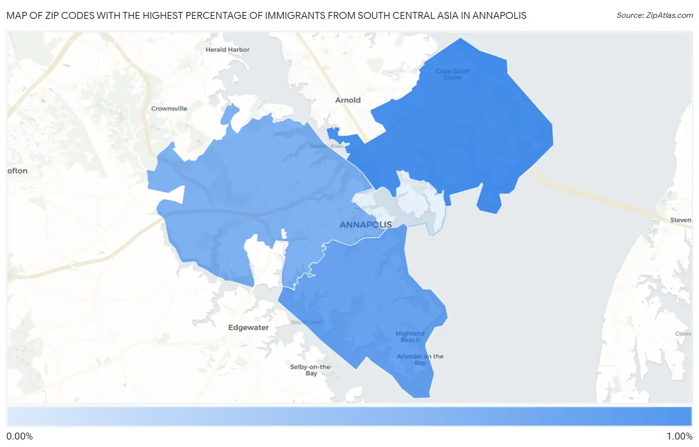 Zip Codes with the Highest Percentage of Immigrants from South Central Asia in Annapolis Map