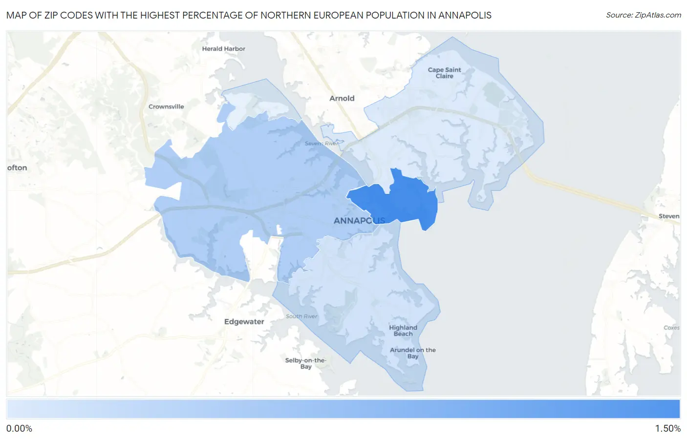 Zip Codes with the Highest Percentage of Northern European Population in Annapolis Map