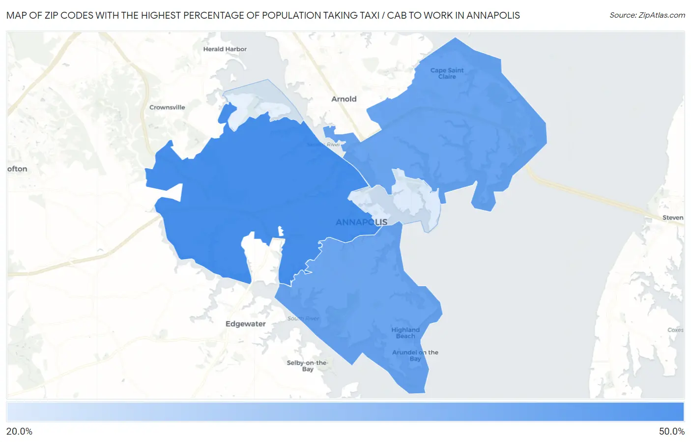 Zip Codes with the Highest Percentage of Population Taking Taxi / Cab to Work in Annapolis Map