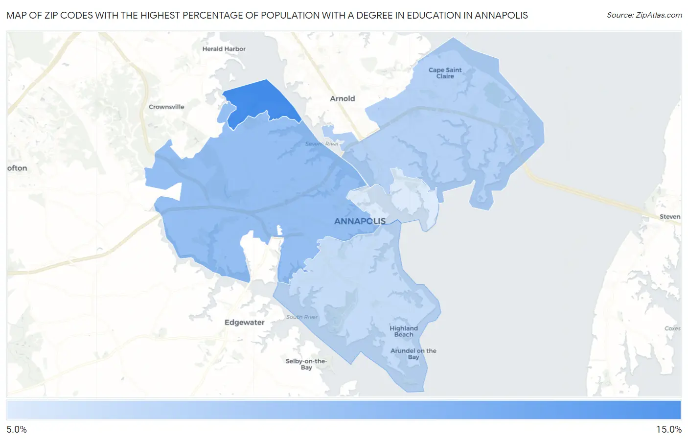 Zip Codes with the Highest Percentage of Population with a Degree in Education in Annapolis Map