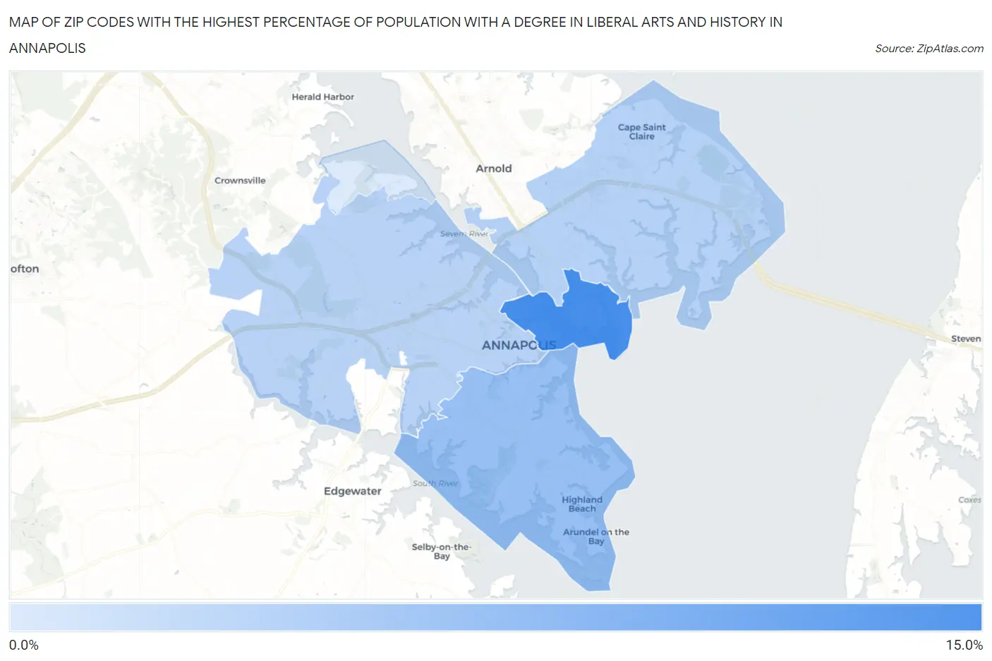 Zip Codes with the Highest Percentage of Population with a Degree in Liberal Arts and History in Annapolis Map