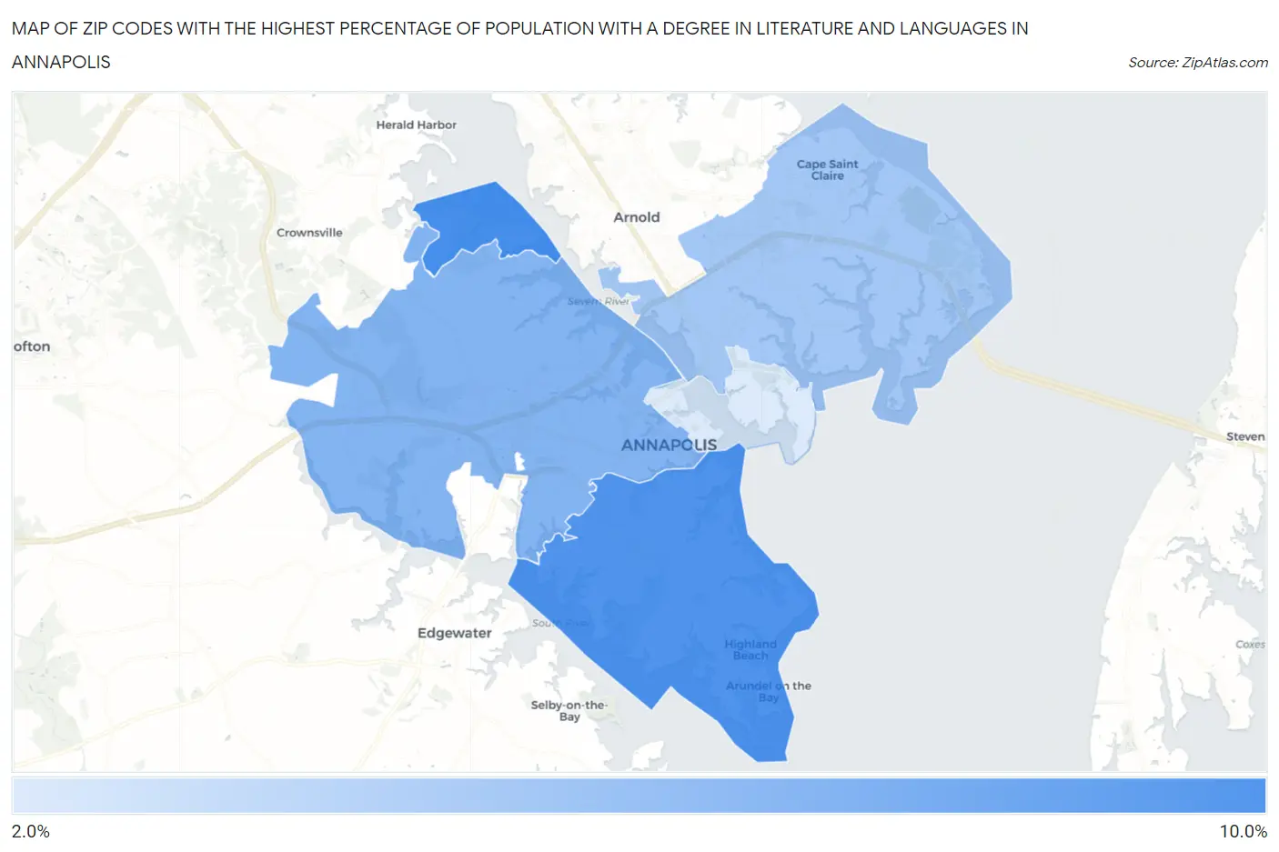 Zip Codes with the Highest Percentage of Population with a Degree in Literature and Languages in Annapolis Map